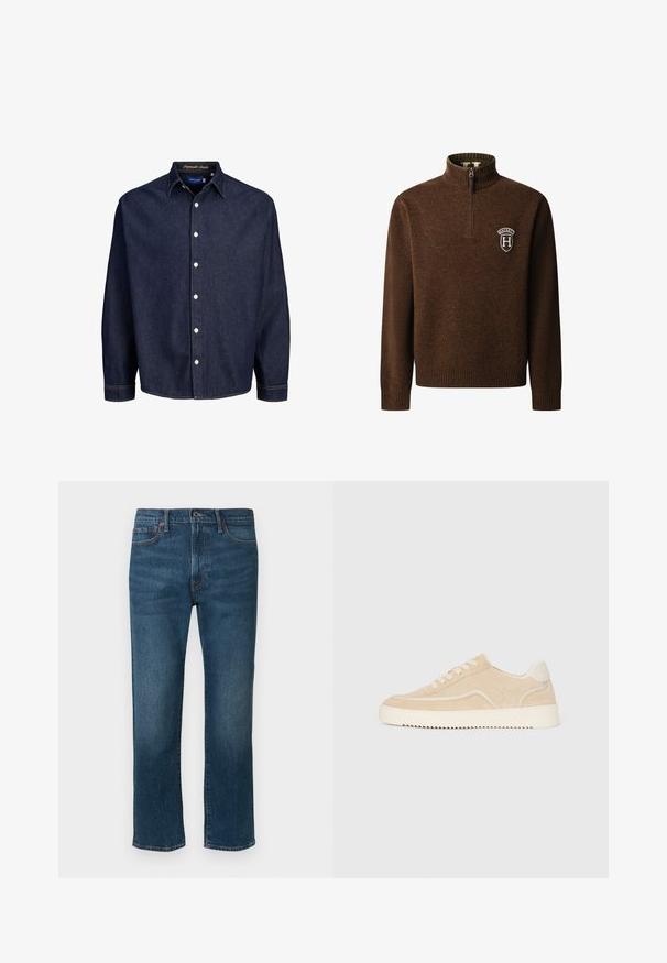 Suéter marrón con media cremallera, cuello, puños y dobladillo acanalados, con un emblema blanco en forma de escudo con la "H" de Hackett en el pecho izquierdo.; Camisa de mezclilla azul oscuro con frente abotonado, mangas largas y cuello clásico, que presenta botones blancos y costuras en contraste.; Jeans de mezclilla azul oscuro de corte recto, con cinco bolsillos y un sutil detalle de costuras naranjas. El material tiene un acabado ligeramente texturizado.; Zapatillas de ante beige con suela y cordones blancos, diseño bajo y patrón de tracción en zigzag en la suela.