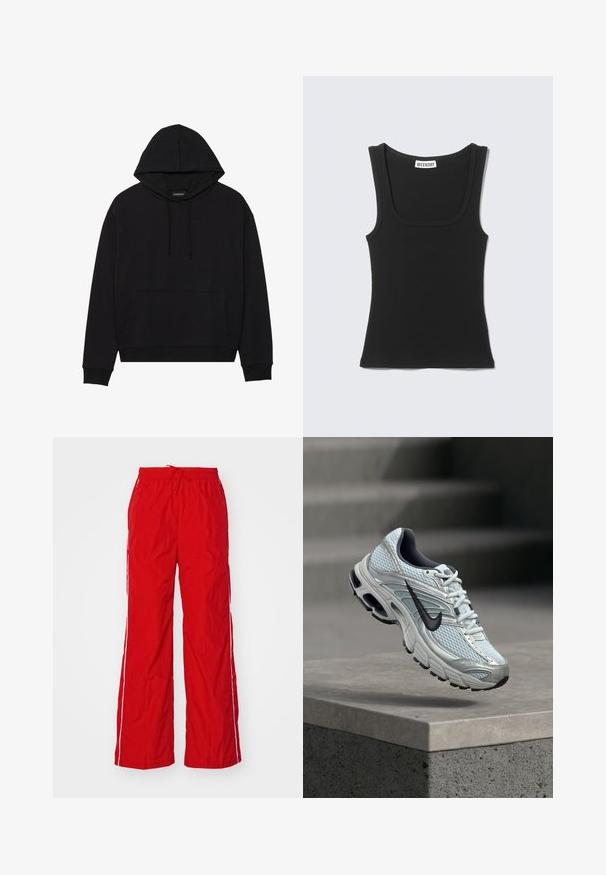 Sort hættetrøje lavet af blødt stof, med en frontlomme, snoretræk og ribkantede ærmer og søm. Enkel, klassisk design.; Sort ribbet ærmeløs tanktop med brede skulderstropper og firkantet halsudskæring, mærket "WEEKDAY" inde i kraven.; Røde nylonbukser med vidde ben, elastisk talje med snøre og hvide sidelister. Glat tekstur med et let udseende.; Hvid og grå Nike løbesko med sort logo svæver over betonkant mod sløret grå baggrund.