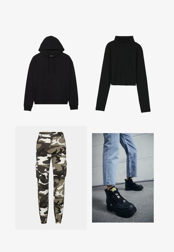 Sudadera con capucha negra hecha de tela suave, que cuenta con un bolsillo frontal, cordones y puños y dobladillo de canalé. Diseño simple y clásico.; Even&Odd Camiseta de manga larga - black; Pantalones cargo de camuflaje en tonos de verde, negro y blanco; cuentan con puños elásticos y bolsillos laterales para almacenamiento.; Zapatillas altas negras con suela gruesa, con diseño de cordones, acentos de logo y etiquetas amarillas. Combinadas con unos vaqueros cortos de color azul claro.