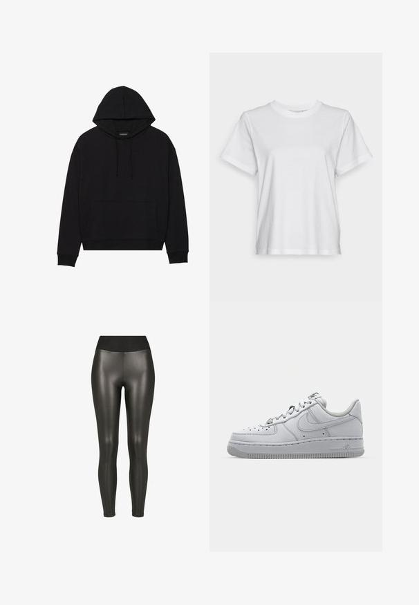 Sort hættetrøje lavet af blødt stof, med en frontlomme, snoretræk og ribkantede ærmer og søm. Enkel, klassisk design.; Hvid bomulds T-shirt med korte ærmer, rund hals og en afslappet pasform. Glat tekstur, uden mønstre eller grafik, enkel design.; Sorte højtaljede leggings i kunstlæder med en glat, skinnende finish og ankellængde på en hvid baggrund.; Hvid lædersneaker med lavt design, rund tå, perforerede detaljer og en tekstureret gummisål. Har grå accenter på tungen.