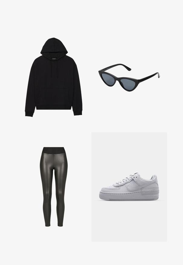 Sort hættetrøje lavet af blødt stof, med en frontlomme, snoretræk og ribkantede ærmer og søm. Enkel, klassisk design.; Sorte højtaljede leggings i kunstlæder med en glat, skinnende finish og ankellængde på en hvid baggrund.; Grå Nike Air Force 1 sneakers med perforeret tå, glat læderoverdel, tyk sål og præget 'AIR' detalje på hælen.; Sorte katteøje solbriller med mørkegrå linser, slankt plastisk stel, spidse hjørner og lige stænger. Ingen synlig hardware eller dekorationer.