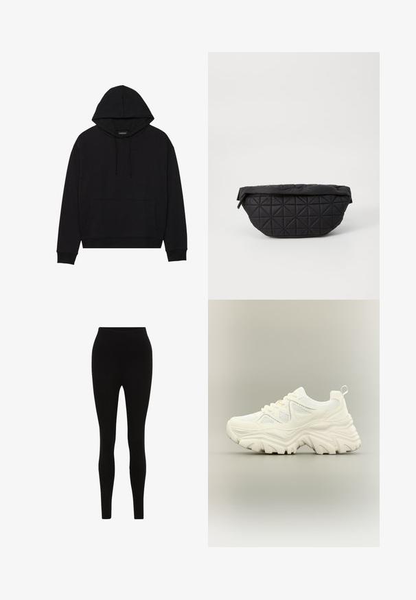 Sort hættetrøje lavet af blødt stof, med en frontlomme, snoretræk og ribkantede ærmer og søm. Enkel, klassisk design.; Sorte leggings med høj talje, lavet af glat, strækbart stof. Har et tætsiddende design, der smalner ind ved anklen.; Hvid chunky sneaker med tyk tekstureret sål, mesh paneler, snørelukning foran og trækstrop ved hælen på en neutral baggrund.; Sort quiltet taske med en blød, polstret tekstur og et vinkelret diamantmønster, med en buet silhuet og lynlåslukning.