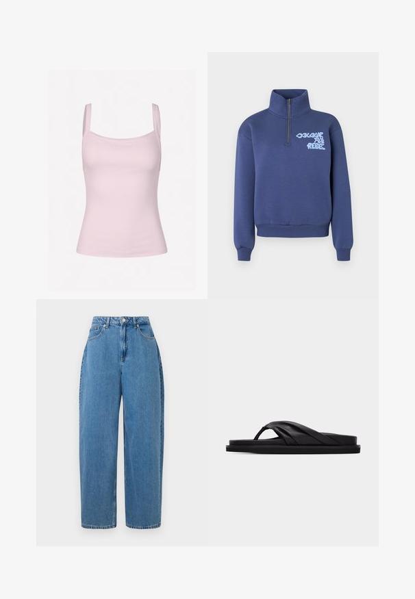 Sweat-shirt violet à fermeture éclair avec un col montant, des poignets et un ourlet côtelés, portant un texte bleu clair "Colour Full Rebel" sur le devant.; Débardeur rose clair côtelé avec de fines bretelles, présentant une coupe ajustée et une texture lisse, adapté pour le superposition ou une tenue décontractée.; Un pantalon en denim bleu clair avec une coupe droite, taille haute et fermeture à bouton devant. Il comporte cinq poches et des détails de couture minimaux.; Sandale plate noire avec bride croisée rembourrée et entre-doigt, design minimaliste sur fond gris clair uni.
