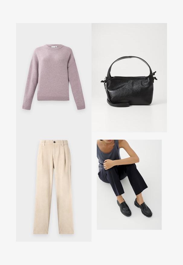 Pull à col rond à manches longues en tricot lavande doux avec des poignets et un ourlet côtelés, présenté sur fond blanc.; Pantalons en velours côtelé beige, à jambes droites, avec passants de ceinture, plis à l'avant, poches et fermeture à bouton noir à la taille.; Mocassins en cuir noir avec accents texturés, talon bas, bout arrondi, et coutures visibles. Modèle portant un pantalon sombre et un haut gris.; Sac à main en cuir noir au design structuré, avec une poignée arrondie et une bandoulière amovible. Présente une texture lisse et un éclat subtil.
