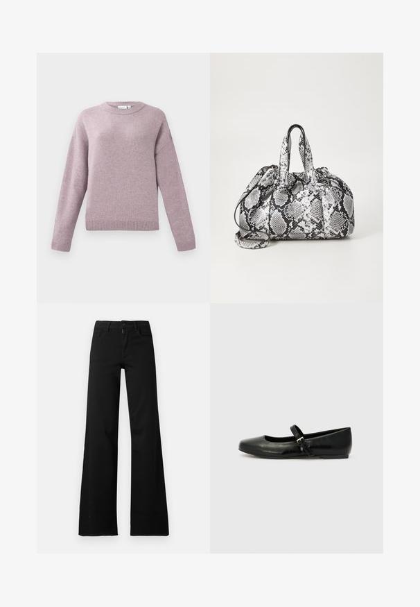 Langärmliger Rundhalsausschnitt-Pullover aus weichem Lavendel-Strick mit gerippten Bündchen und Saum, vor einem weißen Hintergrund präsentiert.; Schwarze hoch taillierte Hose mit weitem Bein, vorne mit Knopf- und Reißverschluss, Gürtelschlaufen und Vordertaschen auf weißem Hintergrund.; Schwarze Leder-Ballerinas mit einer runden Spitze, einer flachen Sohle und einem dünnen, verstellbaren Riemen über dem Spann mit einer Metallschnalle.; Schwarz-weiße Handtasche im Schlangenhautmuster mit zwei Griffen, einem Kordelzugverschluss und einem abnehmbaren Schultergurt. Glatte Textur.