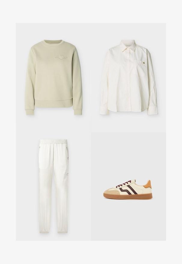 Sweat-shirt beige à col rond avec poignets et ourlet côtelés, arborant un petit logo blanc brodé sur la partie supérieure gauche de la poitrine.; Chemise blanche à manches longues avec boutons, fines rayures verticales, col pointu, poche poitrine avant et petit logo doré "cK" sur la poche.; Joggers crème clair avec taille élastique, finitions fuselées, poches latérales et accents zippés. Tissu lisse avec une finition légèrement brillante.; Baskets basses avec empeigne crème, bandes latérales marron foncé, bout en daim marron clair, lacets marron et semelle gomme sur fond blanc.