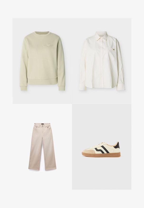 Sudadera beige con cuello redondo, puños y dobladillo acanalados, con un pequeño logo bordado en blanco en la parte superior izquierda del pecho.; Camisa blanca de manga larga con botones, rayas verticales delgadas, cuello puntiagudo, bolsillo en el pecho frontal y pequeño logo dorado "cK" en el bolsillo.; Pantalones de pierna ancha beige, hechos de algodón con una textura suave. Cuenta con cinco bolsillos, pasadores para cinturón y herrajes en tono plateado en la parte frontal.; Zapatillas con cordones que presentan una parte superior color crema con rayas negras y una puntera de ante, complementadas con una suela de goma marrón.