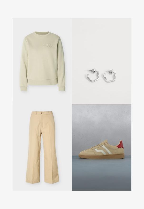 Sweat-shirt beige à col rond avec poignets et ourlet côtelés, arborant un petit logo blanc brodé sur la partie supérieure gauche de la poitrine.; Pantalon ample beige avec fermeture boutons et fermeture éclair, passants pour ceinture, et un design frontal épuré, présenté sur un fond blanc.; Baskets en daim beige avec un accent rouge au talon, des bandes blanches et une semelle en caoutchouc texturée beige clair. Muni de lacets et d'un intérieur lisse.; Paire de petites boucles d'oreilles créoles en argent avec des formes ondulées irrégulières et des fermoirs à tétons sur fond blanc uni.