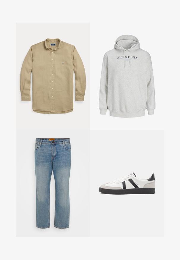 Svetlošedá mikina s kapucňou a šnúrkami, s nápisom "JACK & JONES" vytlačeným na hrudi v tmavomodrom a svetlomodrom písmene.; Béžová košeľa s dlhým rukávom na gombíky, golierom, prednými gombíkmi a malým tmavomodrým vyšívaným logom na ľavej strane hrudníka.; Svetlo modré džínsy s rovným strihom, obsahujúce päť vreciek, zapínanie na gombíky a oranžovú značkovú nálepku na opasku.; Biele tenisky s čiernymi a šedými akcentmi, s textúrovanou šedou špičkou, čiernou gumovou podrážkou a plochými bielymi šnúrkami. Čistý dizajn, minimalistický štýl.