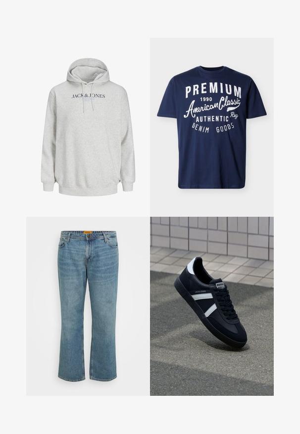 Hellgrauer Kapuzenpullover mit Kordeln und dem Aufdruck "JACK & JONES" in dunkelblauem und hellblauem Text über der Brust.; Marineblaues T-Shirt mit kurzen Ärmeln und weißem Text auf der Vorderseite: "PREMIUM 1990 American Classic Authentic Denim Goods".; Hellblaue Jeans aus Denim mit geradem Bein, fünf Taschen, sichtbare Nähte und Reißverschluss. Das Etikett ist gelb auf dem inneren Hosenbund.; Schwarze Leder-Sneaker mit weißen Streifen, strukturiertem Gummisohle und Schnürung. Verfügt über ein Markenetikett auf der Zunge.