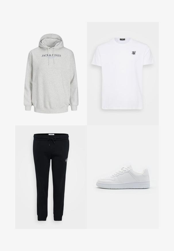 Valgehall kapuutsiga sweatshirt, millel on paela tõmbed ja rinnal tume- ning helesinise tekstiga "JACK & JONES".; Valge puuvillane T-särk ringsuukaelusega. Rinnaosas on väike must tikandiga logo. Lühikesed varrukad ja sirge lõige.; Mustad mustad püksid pehmest kangast, millel on elastne vöökoht, nöör, küljetaskud ja väike logo detail puusa peal.; Valged tossud, mis on valmistatud sileda sünteetilise materjali, lamekinnastega, perforatsiooniotstega ja kummiseguste tallaga, millel on tekstuuriline haarde muster.
