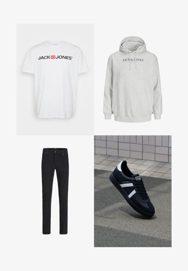 Lys grå hættetrøje med snore og "JACK & JONES" trykt hen over brystet i mørkeblå og lyseblå tekst.; Hvid bomulds T-shirt med "JACK & JONES" logo i sort med en rød rektangulær accent. Korte ærmer og rund hals. Glat tekstur.; Sorte slimfit jeans med knap og lynlås foran, fem-lommer-design og bæltestropper.; Sort lædersneaker med hvide striber, tekstureret gummisål og snørrebånd foran. Har et brandet mærke på tungen.