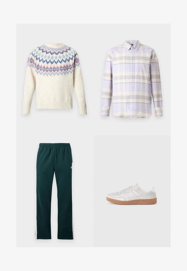 Creamfarvet sweater med rund halsudskæring og lange ærmer, med et farvet mønster af blå, rosa og hvide geometriske figurer. Ribstrikkede manchetter og kant.; Langærmet skjorte med knapper i lyse lilla, grå og creme ternet mønster og en brystlomme på hvid baggrund.; Mørkegrønne sweatpants med elastisk hænger og hvide striber, der løber ned ad ydersiden af benene.; Sølv sneakers med en glat overflade, snørebånd, perforerede detaljer og en struktureret brun gummi sål.