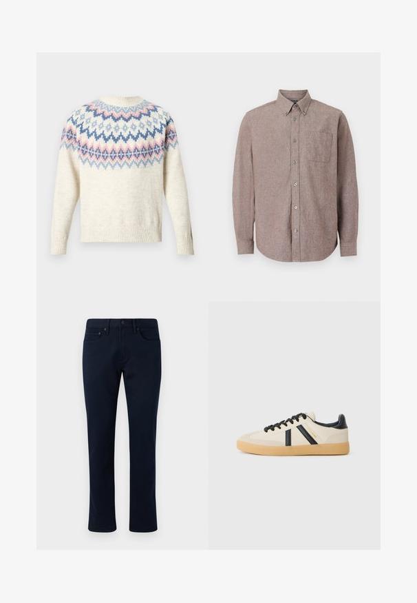 Pull crème à col rond et manches longues, avec un motif coloré composé de dessins géométriques bleus, roses et blancs. Poignets et ourlet côtelés.; Chemise à manches longues à boutons dans un mauve atténué avec un col à boutons et une poche poitrine unique, présentée sur un fond blanc uni.; Pantalon en denim bleu marine avec une coupe slim, présentant un design classique à cinq poches et des accents de couture subtils. Texture lisse et sans ornements.; Baskets décontractées en crème avec des rayures noires, présentant un dessus texturé et une semelle en caoutchouc. Les lacets sont noirs. Logo discret sur le côté.