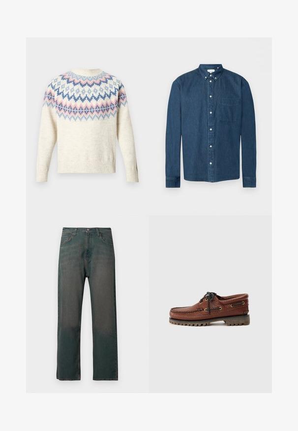 Creamfarvet sweater med rund halsudskæring og lange ærmer, med et farvet mønster af blå, rosa og hvide geometriske figurer. Ribstrikkede manchetter og kant.; Mørkeblå denimskjorte med knapper, lange ærmer, en forlommer til venstre og en knaplukket krave, vist på en hvid baggrund.; Mørkegrønne denimjeans med lige ben, der har et klassisk design med fem lommer og kontrastsyninger langs sømmene.; Brune læder bådsko med struktureret overdel, sorte snørebånd og gyldne øjer. Har en holdbar, rillede gummisål.