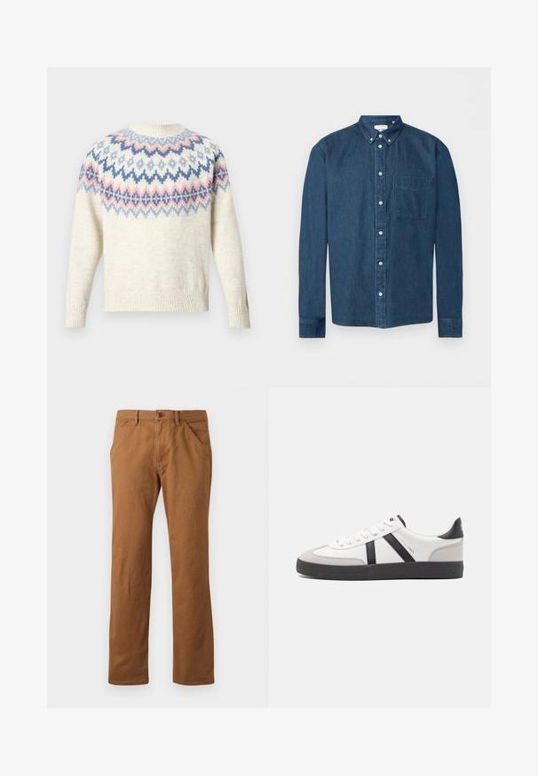 Creamfarvet sweater med rund halsudskæring og lange ærmer, med et farvet mønster af blå, rosa og hvide geometriske figurer. Ribstrikkede manchetter og kant.; Mørkeblå denimskjorte med knapper, lange ærmer, en forlommer til venstre og en knaplukket krave, vist på en hvid baggrund.; Brune bomuldsbukser med lige pasform, udstyret med knaplukning, sidelommer og en glat tekstur. Velegnet til hverdag.; Hvide sneakers med sorte og grå detaljer, med en tekstureret grå tåhætte, sort gummisål og flade hvide snørebånd. Rent design, minimalistisk stil.