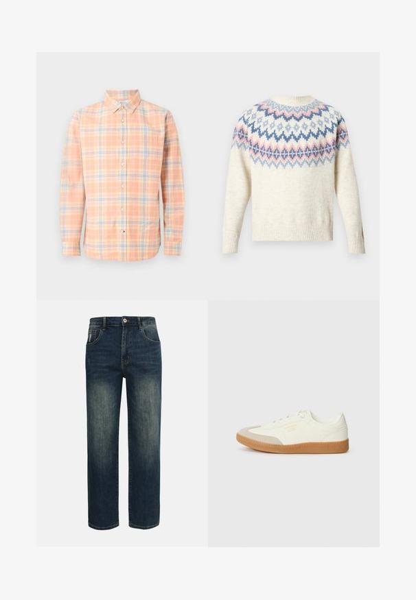 Pull crème à col rond et manches longues, avec un motif coloré composé de dessins géométriques bleus, roses et blancs. Poignets et ourlet côtelés.; Chemise homme à manches longues boutonnée avec motif à carreaux pêche, crème et bleu, et une poche poitrine.; Jean droit bleu foncé avec légère décoloration sur le devant des cuisses, cinq poches, et une fermeture à bouton à la taille.; Baskets en cuir blanc avec une coque beige et une semelle en caoutchouc marron clair. Dotées de lacets blancs plats et d'un logo embossé sur le côté.