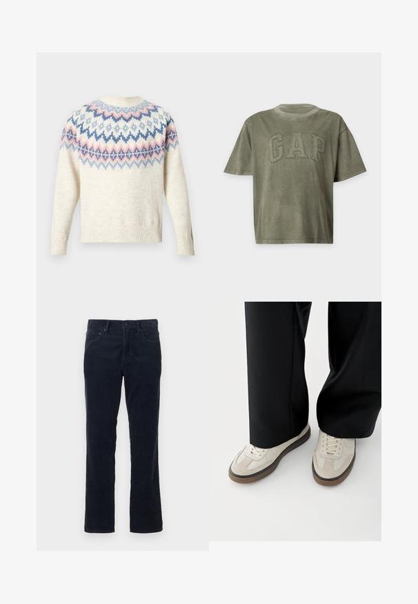 Pull crème à col rond et manches longues, avec un motif coloré composé de dessins géométriques bleus, roses et blancs. Poignets et ourlet côtelés.; T-shirt vert à manches courtes avec col rond et lettres brodées en relief formant le mot GAP sur la poitrine.; Pantalons en velours côtelé bleu marine foncé avec une coupe droite, comprenant des poches avant, une braguette zippée avec fermeture par bouton, et une texture subtile à nervures verticales.; Pieds portant des baskets beige avec des semelles marron et un pantalon noir à jambes larges sur fond blanc.