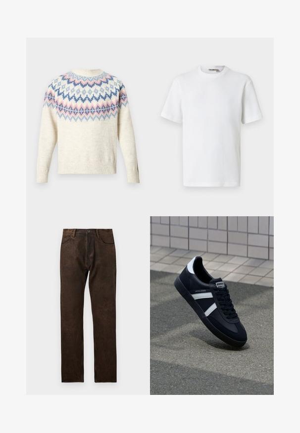 Cremefarbener Pullover mit rundem Ausschnitt und langen Ärmeln, mit einem farbigen Muster aus blauen, rosa und weißen geometrischen Designs. Gerippte Bündchen und Saum.; Weißes, kurzärmeliges T-Shirt mit Waffelstrick und Rundhalsausschnitt, mit kleinem Markenetikett im Kragen, auf einfarbigem Hintergrund präsentiert.; Braune Denim-Jeans mit leicht abgenutzter Struktur, gerade Beinform, fünf Taschen und einem Knopfverschluss an der Taille.; Schwarze Leder-Sneaker mit weißen Streifen, strukturiertem Gummisohle und Schnürung. Verfügt über ein Markenetikett auf der Zunge.