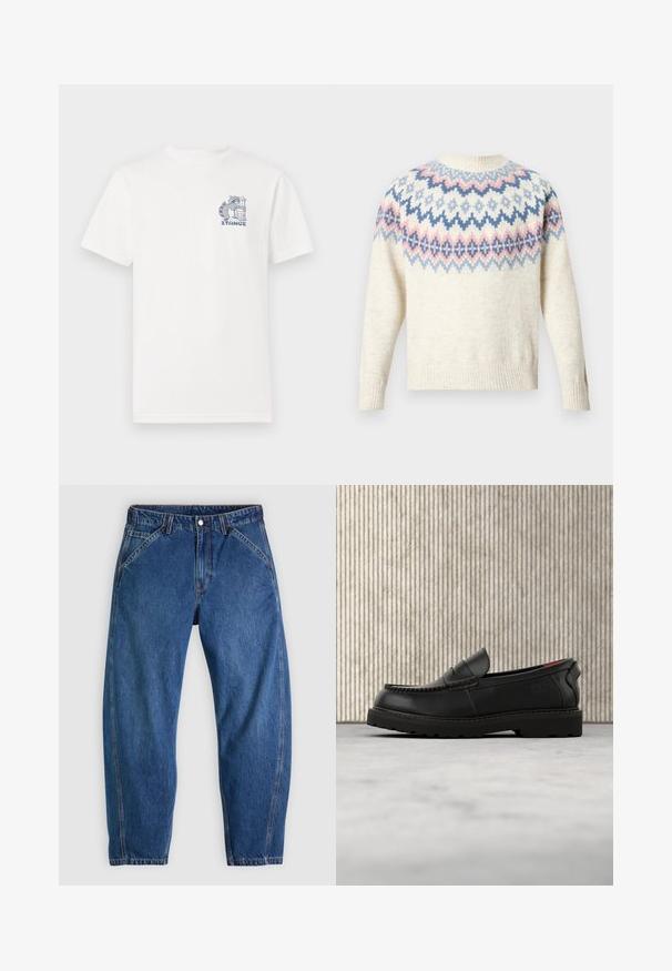 Creamfarvet sweater med rund halsudskæring og lange ærmer, med et farvet mønster af blå, rosa og hvide geometriske figurer. Ribstrikkede manchetter og kant.; Hvid t-shirt med korte ærmer lavet af bomuld, med et blåt grafisk motiv på brystet af en vaskebjørn ved siden af en skraldespand og teksten "STANCE."; Blå denimjeans med afslappet pasform, med knaplukning, fem lommer og kontrasterende orange syninger. Glat tekstur over det hele.; Sort læderloafer med robust sål og rødt indvendigt for, placeret i luften over beige tæppe og nær træmøbler.