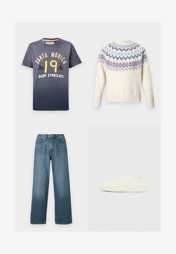 Cremefarbener Pullover mit rundem Ausschnitt und langen Ärmeln, mit einem farbigen Muster aus blauen, rosa und weißen geometrischen Designs. Gerippte Bündchen und Saum.; Dunkelblaues Baumwoll-T-Shirt mit Verlaufseffekt, bedruckt mit "SANTA MONICA" und "19" in gelber und cremefarbener Stickerei, Rundhalsausschnitt, kurze Ärmel.; Weite, dunkelblaue Denim-Jeans mit Knopfverschluss, Gürtelschlaufen und einem ausgewaschenen Textur. Mit fünf Taschen und Kontrastnähten.; Weißer Sneaker in niedriger Ausführung mit Schnürverschluss, glattem Lederobermaterial und dicker Gummisohle, von der Außenseite vor einem einfarbigen Hintergrund gezeigt.