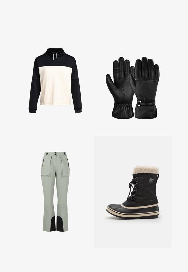 Pullover-Sweatshirt mit einem schwarzen Oberteil und einem cremefarbenen Unterteil. Strukturierter Stoff mit einem Funnelneck und Zugband. Zwei Fronttaschen.; Hellgraue Skihose mit zwei Fronttaschen, gefältetem Design und schwarzen Akzenten am unteren Teil. Hergestellt aus strapazierfähigem, flexiblem Material.; Schwarzer wasserdichter Stiefel mit einem Kunstfellkragen, Schnürverschluss, Gummisohle und kontrastierendem beigem Streifen entlang der Sohle. Dekorative Hardware-Details.; Bogner FINGER TINA - Fingerhandschuh - black