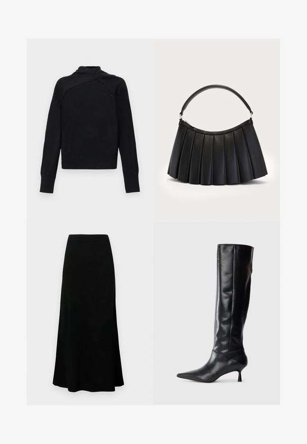 Pull noir à manches longues avec un col haut asymétrique plié et des poignets et ourlet côtelés sur fond blanc.; Jupe noire midi avec une taille ajustée, ourlet évasé, texture lisse, et sans motifs ni accents visibles.; Botte en cuir noir hautes jusqu'au genou avec un bout pointu et un talon fin et courbé. Texture lisse, design ajusté, sans matériel ni motifs visibles.; Sac noir plissé en simili cuir, avec une anse incurvée et une fermeture éclair sur le dessus. Texture lisse avec un design structuré.