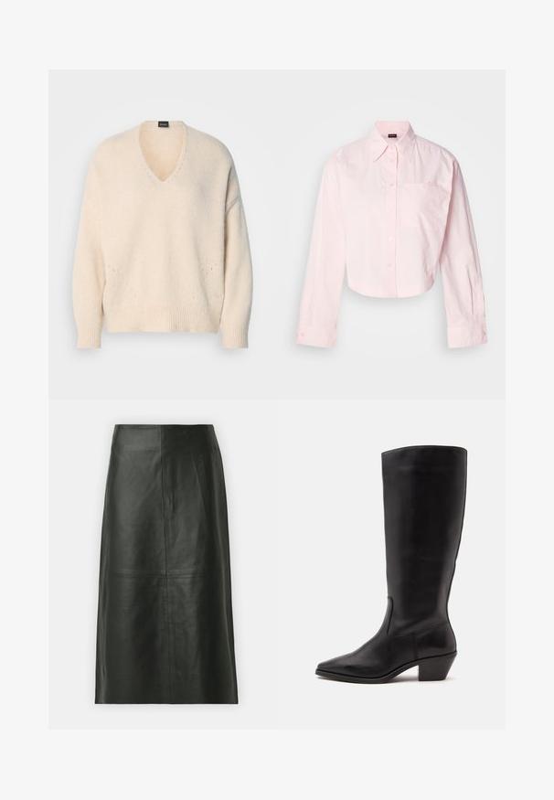 Pull à col en V et manches longues en maille douce couleur crème. Présente des poignets et un ourlet côtelés, avec un subtil détail en point ajouré à l'avant.; Chemise boutonnée rose clair, coupée, à manches longues, avec une poche sur la poitrine et des détails brodés sur la poche. Fabriquée en tissu de coton.; Jupe midi en cuir noir avec une coupe droite. Texture lisse, coutures minimales et taille ajustée. Pas de poches visibles ni de détails supplémentaires.; Botte en cuir noire mi-mollet avec un bout pointu et un talon bas incliné sur un fond clair uni.