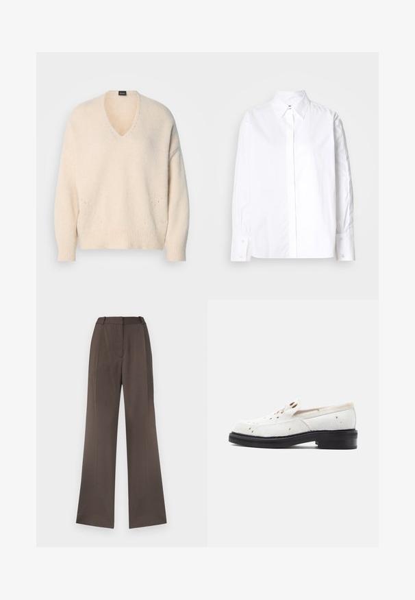 Suéter de cuello en V y manga larga en tejido suave color crema. Presenta puños y dobladillo acanalados, con un sutil detalle de punto abierto en la parte frontal.; Camisa blanca de botón con cuello clásico, mangas largas y puños abotonados. Fabricada con una tela suave, presenta una tapeta en el centro delantero.; Pantalones de pierna ancha en una tela marrón sólida, con una textura suave, lazos para cinturón, pliegue frontal y sin bolsillos visibles.; Zapatillas blancas sin cordones hechas de un material texturizado similar al cabello, con motas marrones, un tacón bajo negro y un diseño liso y minimalista.
