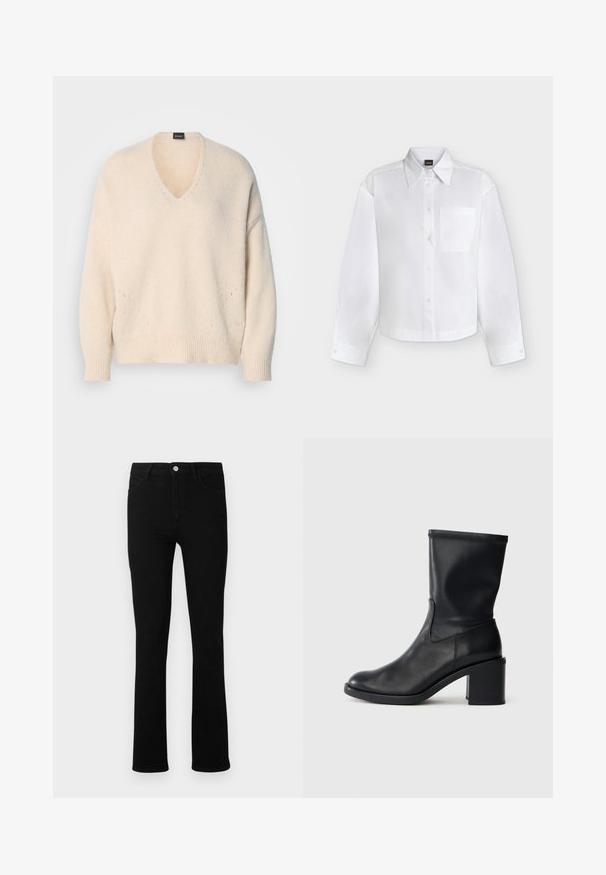 Pull à col en V et manches longues en maille douce couleur crème. Présente des poignets et un ourlet côtelés, avec un subtil détail en point ajouré à l'avant.; Chemise blanche à manches longues boutonnée, avec col pointu et poche poitrine, présentée sur un fond clair uni.; Jeans en denim noir avec une coupe slim, jambes droites, fermeture à bouton à l'avant, passants de ceinture et deux poches avant. Texture lisse et détails minimaux.; Botte en cuir noir à cheville avec un bout rond, texture lisse et un talon épais, présentant un tige ajustée et un subtil détail de couture.