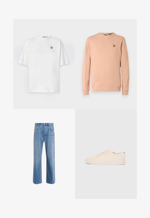 Sweat-shirt couleur pêche en tissu doux, doté d'un col rond et de poignets côtelés. Comprend un logo brodé noir et jaune sur le côté gauche de la poitrine.; T-shirt blanc uni à manches courtes avec un petit logo oiseau jaune et noir sur la poitrine gauche et un col rond.; Jeans en denim bleu clair avec une coupe droite, cinq poches, fermeture à bouton, peu d'usure et des détails de couture contrastés.; Baskets en toile beige avec bout arrondi, semelle en caoutchouc plate et lacets à l'avant. Présente un design minimaliste et un accent noir contrastant au niveau du talon.