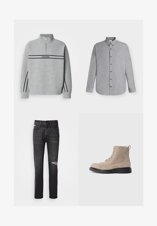 Sweat-shirt gris à fermeture éclair avec un col montant. Présente des bandes noires et un logo sur la poitrine. Tissu doux et texturé. Design décontracté.; Chemise gris clair à manches longues avec boutons, col boutonné et petit logo "cK" brodé sur la poitrine gauche.; Jean en denim noir avec une coupe droite, des détails déchirés au niveau des genoux, un style à cinq poches et une finition légèrement délavée.; Bottines en daim beige avec semelle en caoutchouc noir, design à lacets, et un petit logo embossé sur le côté, avec une languette à l'arrière.
