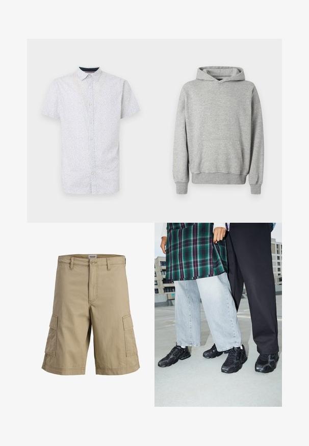 Grå hætte sweatshirt med en kengurulomme, ribbede manchetter og kant, lavet af blødt, tekstureret stof, med en afslappet pasform.; Kortærmet skjorte med knaplukning i lyseblå med små sorte prikker, der har spids krave og lige kanten.; Beige cargoshorts i knælængde med knap- og lynlåslukning foran samt to sidelommer med klap.; Sorte atletik sko med mesh- og gummidetaljer. Båret med lysegrå vide jeans og en ternet grøn bluse. Flad overflade i baggrunden.