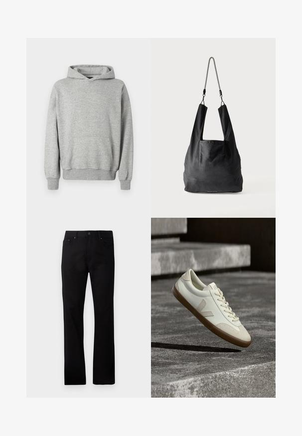 Grå hætte sweatshirt med en kengurulomme, ribbede manchetter og kant, lavet af blødt, tekstureret stof, med en afslappet pasform.; Sorte straight-leg jeans lavet af denim, med lukning foran med knap, to sidelommer og en glat overflade.; Hvide læder sneakers med tanfarvet gummisål, flade snørebånd og V-formet detalje på siden. Har en glat overflade og minimale syninger.; Sort blød stofnettaske med brede håndtag og en tynd sort-hvid flettet skulderrem.