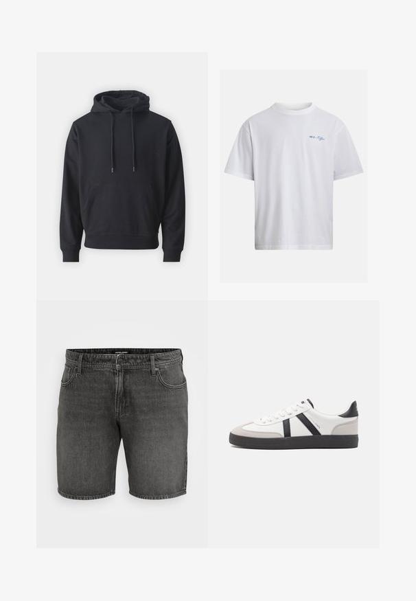 Schwarzer Kapuzenpullover, Material aus Baumwollmischung, vordertasche, verstellbare Kordeln, gerippte Bündchen und Saum, glatte Textur.; Weißes Baumwoll-T-Shirt mit kurzen Ärmeln und kleinem blauen "OUT of Office"-Schriftzug auf der linken Brust, vor einfachem Hintergrund präsentiert.; Schwarze Jeansshorts mit einem klassischen Fünf-Taschen-Design, Knopfverschluss und gestickten Akzenten. Hergestellt aus strapazierfähigem Baumwollmaterial.; Weiße Sneaker mit schwarz- und grau-aczenten, ausgestattet mit einer strukturierten grauen Zehenkappe, schwarzer Gummi-Sohle und flachen weißen Schnürsenkeln. Sauberes Design, minimalistische Stil.