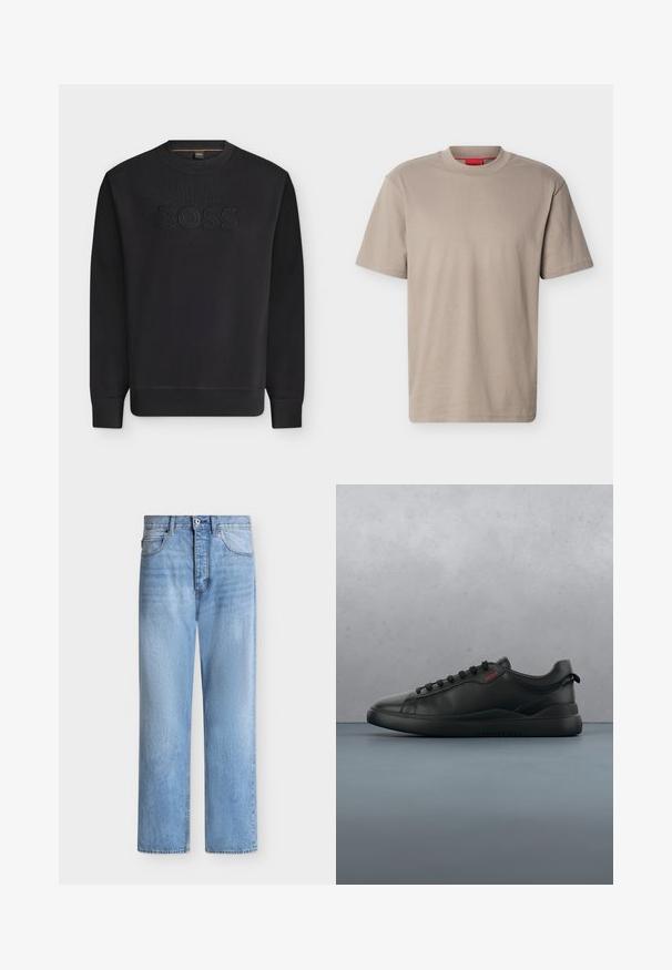 Zwarte lange mouwen crewneck-trui met geribbelde manchetten en zoom, met verhoogde zwarte "BOSS"-tekst midden vooraan.; Beige T-shirt met korte mouwen en een ronde hals, met een subtiel reliëf "HUGO" logo op de borst en een rood label aan de binnenkant van de halslijn.; Lichtblauwe spijkerbroek met rechte pijpen, knoop- en ritssluiting, voor- en achterzakken en riemlussen in de tailleband.; HUGO BLAKE - Sneakers laag - black