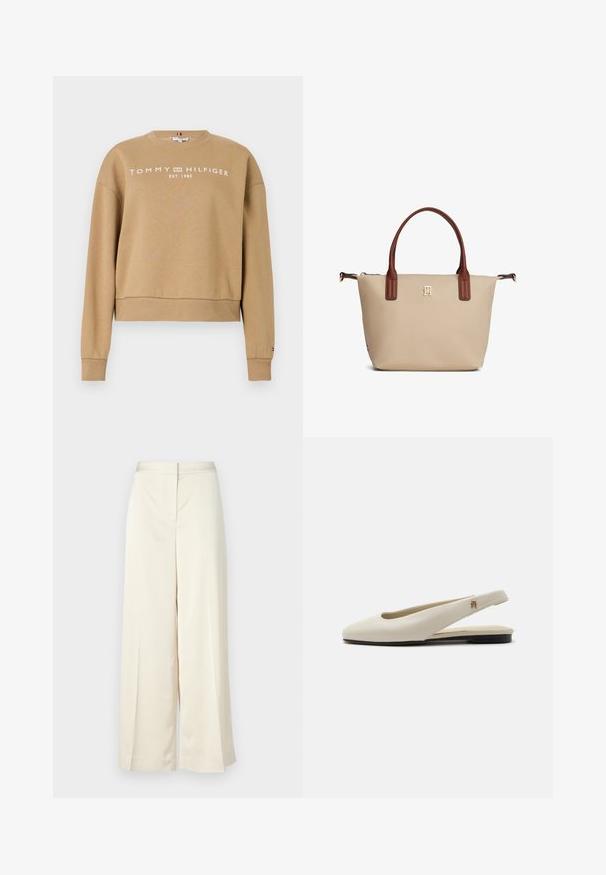 Hnedý sveter s rebrovanými manžetami a lemom. Na hrudi je biely nápis "TOMMY HILFIGER EST. 1985". Mäkká textúra, voľný strih.; Nohavice s širokými nohavicami v krémovej farbe, vyrobené z hladkej tkaniny. Majú plochý predný pás, záhyby pozdĺž nohavíc a uvoľnený strih.; Kožená slingbacková balerína krémovej farby s zaoblenou špičkou a malým zlatým emblémom na popruhu.; Béžová taška na prenášanie s hnedomi rukoväťami, malým zlatým logom umiestneným v strede pod rukoväťami a zipsom na zatváranie v hornej časti.