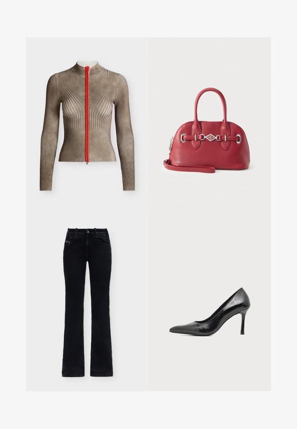 Top ajusté à manches longues en maille côtelée taupe avec un col haut et une fermeture éclair rouge centrale.; Jean noir taille haute avec cinq poches, fermeture par bouton et jambes légèrement évasées, présenté sur un fond clair uni.; Chaussure à talon haut pour femme en cuir verni noir avec bout pointu et talon fin sur fond clair uni.; Sac à main en cuir rouge avec double poignée, détail de boucle argentée, fermeture éclair et bandoulière amovible sur fond uni.