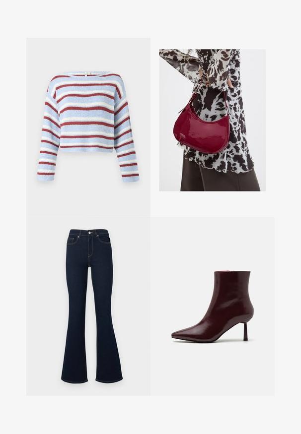 ONLY Trui - light blue; Donkerblauwe jeans met wijde pijpen, hoge taille, voorzakken en contrasterende stiksels, gemaakt van denimstof met een gladde textuur.; Bordeaux patentleren enkelboot met een spitse neus en een slanke stilettohak, met een gladde, glanzende textuur en een minimalistisch ontwerp.; Vrouw met een zwart-wit gebloemde blouse houdt een glanzende rode schoudertas vast tegen een effen achtergrond.