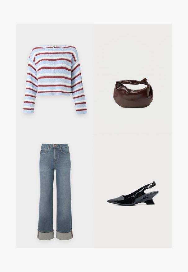 ONLY Strickpullover - light blue; Weite blaue Denim-Jeans verfügen über eine hohe Taille, umgekrempelte Säume mit grauen Akzenten, ein Fünf-Taschen-Design und einen vorderen Knopfverschluss.; Schwarzer Slingback-Schuh aus Lackleder mit spitzer Spitze und niedrigem, schrägem Blockabsatz auf einfachem hellem Hintergrund.; Dunkelbraune Lederschultertasche mit weicher, lockerer Form und einem gedrehten Knotengriff vor schlichtem weißem Hintergrund.