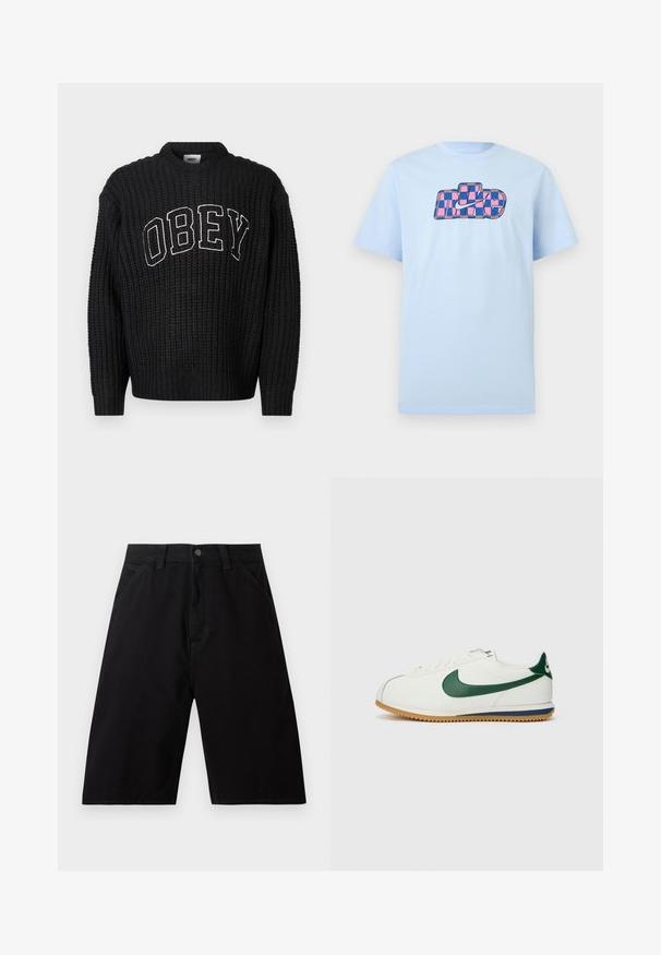 Zwarte gebreide trui met een ronde halslijn, met "OBEY" in witte borduursel over de borst. Geheel met een gestructureerd patroon.; Lichtblauw T-shirt met korte mouwen en een roze-blauw geruit Nike-logo en swoosh, gecentreerd op de borst.; Zwarte knielange denimshorts met voorzakken, riemlussen en een knoopsluiting in de taille.; Nike sneakers met een witte leren bovenzijde, groene accenten, rubberen zool met een gestructureerd profiel en een klassieke vetersluiting.