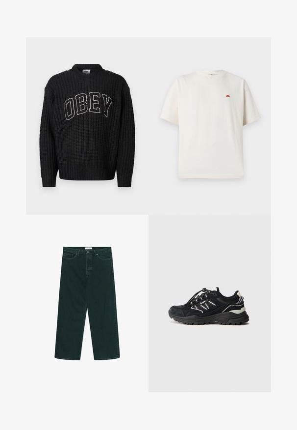 Sort strikket sweater med rund halsudskæring, med "OBEY" i hvid broderi hen over brystet. Strukturmønster over hele.; Hvid T-shirt med korte ærmer og rund hals med lille rødt halvcirkelformet logo på venstre bryst, vist på lysegrå baggrund.; Mørkegrønne vidde denimjeans med knap- og lynlås lukning, forlommer og bæltestropper, liggende fladt på en hvid baggrund.; Sort træningssko med blandede materialer, herunder ruskind og mesh, med elastiske snørebånd, gummigrebsål og reflekterende detaljer.