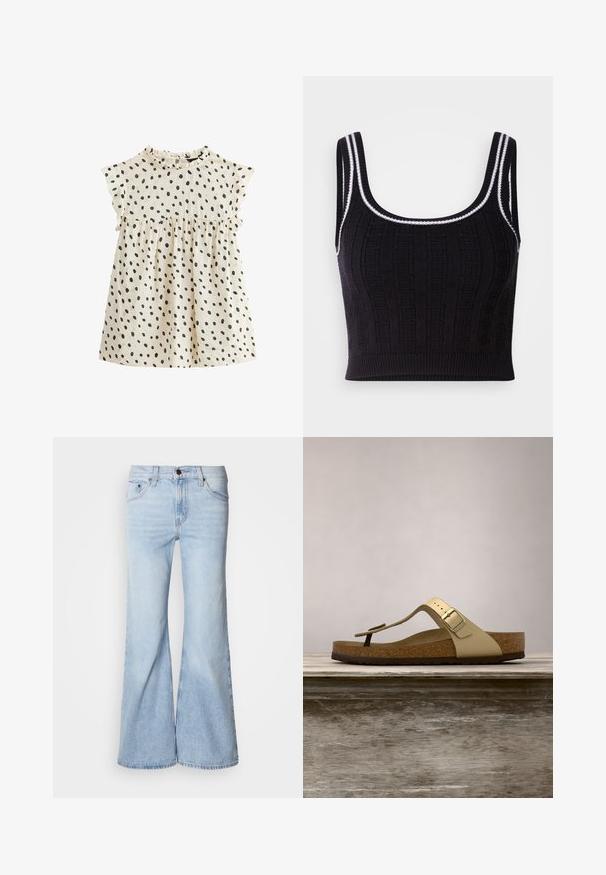 Zwarte gebreide cropped top met een gestructureerd patroon, vierkante halslijn en contrasterende witte bies op de bandjes en zoom.; Katoenen jurk met korte, gerimpelde mouwen, crèmekleurige basis en verspreide zwarte stippen. Gepofte taille creëert een uitlopende vorm.; Lichtblauwe flare jeans met een hoge taille, gemaakt van denim, voorzien van vijf zakken en een knoopsluiting. De pijpen zijn wijd en hebben een licht vervaagde afwerking.; Kork voetbed sandaal in lichtgoud met een teenband ontwerp en een verstelbare gesp. Voorzien van een getextureerde zool voor grip. Neutraal kleurenpalet.