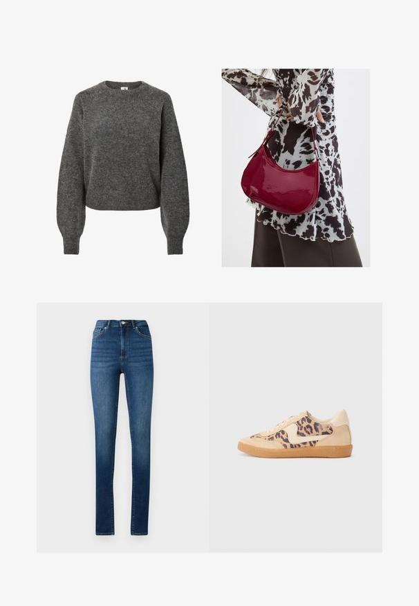 Donkergrijs wollen trui met lange mouwen, ronde hals en lichtgezakte mouwen, gebreide textuur en geribde manchetten en zoom.; Hoge taille skinny jeans in medium blue denim met klassieke vijf-pocket stijl en knoopsluiting.; Luipaardprint sneakers met een beige suède bovenkant, tan rubberen zool en witte accenten. Ronde neus en vetersluiting met een gestructureerde afwerking.; Vrouw met een zwart-wit gebloemde blouse houdt een glanzende rode schoudertas vast tegen een effen achtergrond.