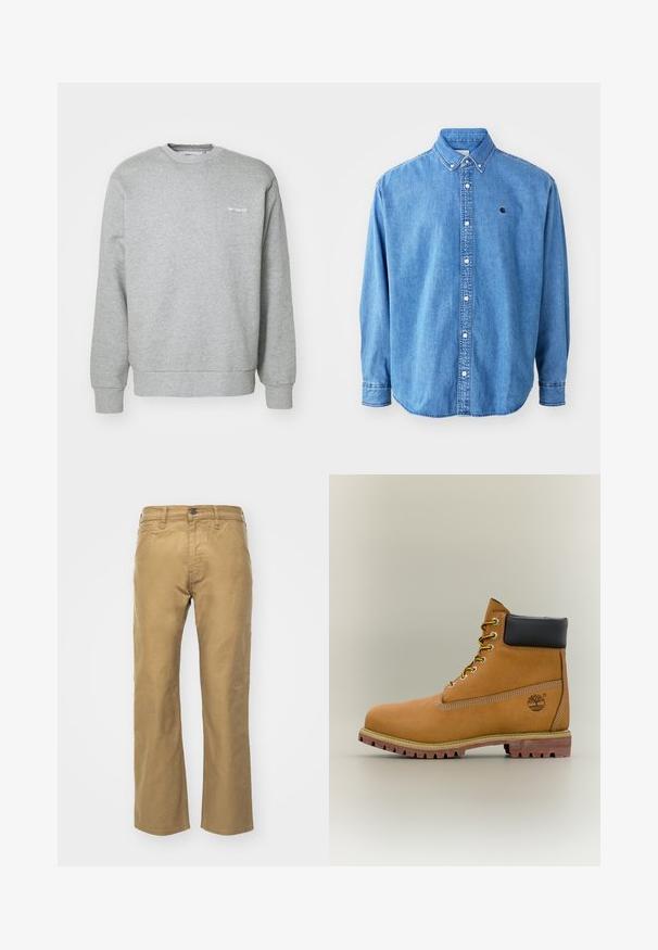 Grijze katoenen sweatshirt met een ronde halslijn, lange mouwen, ribgebreide boorden en een klein wit logo op de linkerkant van de borst. Zachte textuur.; Denim button-up shirt, lichtblauw van kleur, met een puntkraag, lange mouwen en een klein logo op de borst. Voorzien van witte knopen en gestikte naden.; Khaki broek van katoen. Rechte pasvorm met een tailleband en voorzakken. Heeft een enkele achterzak en subtiele stikdetails.; Bruine leren enkellaars met zwarte kraag, gele veters en een zandkleurige zool. Voorzien van een logo en witte stikseldetails. Robuuste loopzool met grip.