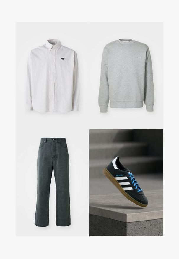 Sweatshirt en coton gris avec un col rond, des manches longues, des poignets côtelés et un petit logo blanc sur la poitrine gauche. Texture douce.; Chemise blanche à manches longues avec de fines rayures verticales grises. Dotée d'un col boutonné et d'un petit logo noir sur la poitrine gauche.; Jean en denim gris foncé à jambes larges, doté d'une taille haute, d'un design à cinq poches et d'une texture légèrement délavée.; Baskets Adidas noires avec des rayures blanches, des lacets bleus et une semelle en gomme flottant au-dessus d'une marche en béton grise sous une lumière douce.