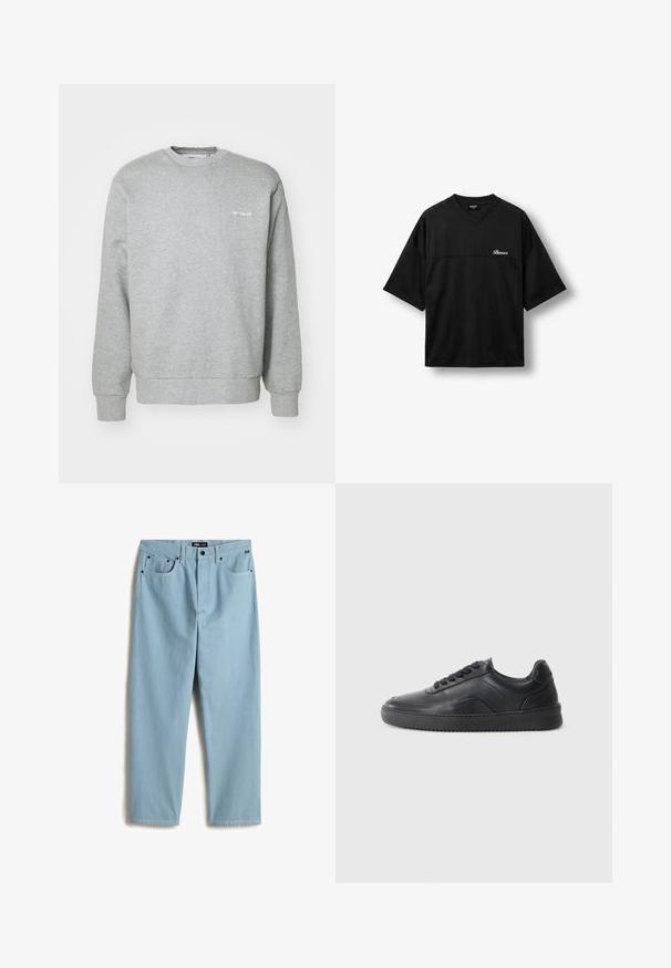 Sweatshirt en coton gris avec un col rond, des manches longues, des poignets côtelés et un petit logo blanc sur la poitrine gauche. Texture douce.; T-shirt de sport noir à manches courtes en mesh avec col en V et logo « Buroco » sur la poitrine gauche, présenté sur fond blanc uni.; Pantalon en denim bleu clair, coupe droite, avec cinq poches, des coutures contrastées discrètes et une étiquette de marque sur la taille.; Chaussure de sport en cuir noir avec une finition lisse, bout arrondi, panneau latéral texturé et lacets noirs. Présente une semelle en caoutchouc plate et un design minimaliste.