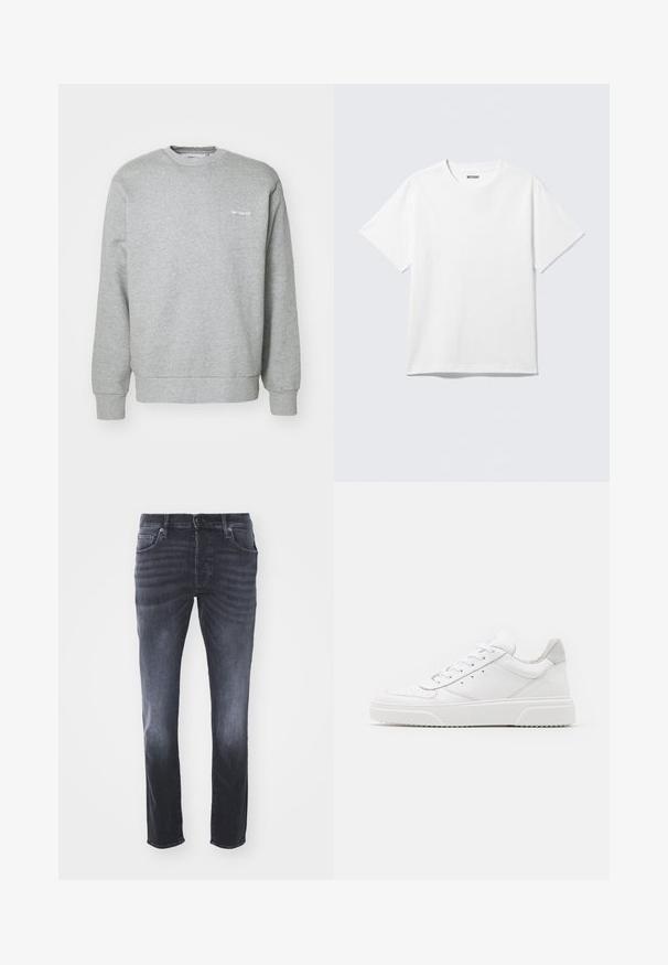 Sudadera de algodón gris con cuello redondo, mangas largas, puños acanalados y un pequeño logo blanco en el lado izquierdo del pecho. Textura suave.; Camiseta blanca de manga corta con cuello redondo, colocada plana, diseño liso, con etiqueta "WEEKDAY" en el interior del cuello sobre un fondo claro.; Vaqueros de mezclilla gris oscuro con un diseño clásico de pierna recta, que incluyen bolsillos frontales, cremallera con cierre de botón y un ligero desgastado.; Zapatillas de cuero blanca con un acabado suave, punta redondeada, cordones planos y una suela texturada. Acento de ante gris en el talón.