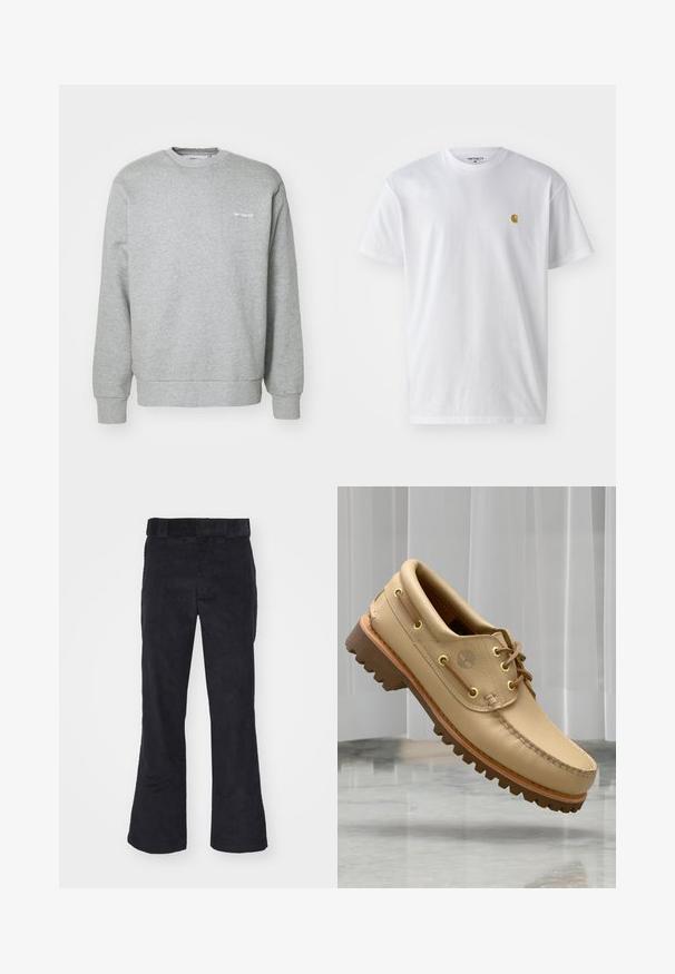 Sudadera de algodón gris con cuello redondo, mangas largas, puños acanalados y un pequeño logo blanco en el lado izquierdo del pecho. Textura suave.; Camiseta de algodón blanca con mangas cortas, cuello redondo, que presenta un pequeño logo dorado en la parte izquierda del pecho. Textura suave y corte regular.; Pantalones de pana negros con un corte relajado, que presentan una cinturilla clásica y piernas acampanadas, textura suave y sin patrones o acentos visibles.; Zapato náutico de cuero marrón claro con suela gruesa y estriada y detalles de cordones, flotando sobre un suelo de mármol y un fondo de persianas verticales blancas.