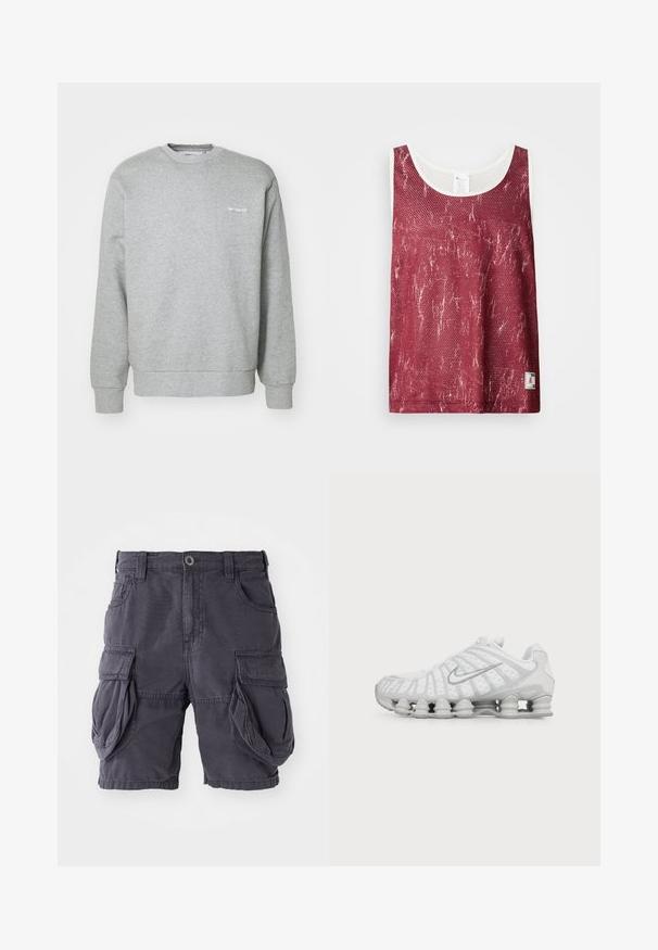 Hallhallane puuvillane sviiter, millel on ümmargune kaelus, pikad varrukad, soonikkoes mansetid ja väike valge logo vasakul rinnal. Pehme tekstuur.; Punane võrkmaterjalist tank top, millel on veidi kulunud ja kulutatud muster. Kraeli ja käeaukude ääres on valge ääris ning allosas väike logo silt.; Tumedast hallist puuvillast valmistatud cargo-šortsid, millel on klassikaline lõige, mitmed küljetaskud ja ees nupuga sulgemine. Sile tekstuur.; Valge Nike jooksujalats nähtava õhupadjaga tallaga ja hõbedase Swooshi logoga küljel, nähtav välisküljelt.